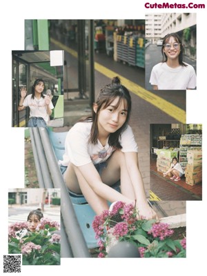 A collage of photos of a woman sitting on a bench.