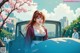 A woman with red hair stands beside a blue vehicle under cherry blossoms.